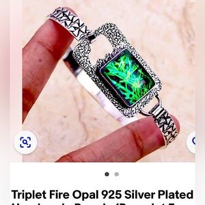 Triplet fire opal sterling silver plated bangle bracelet artisan hand carved